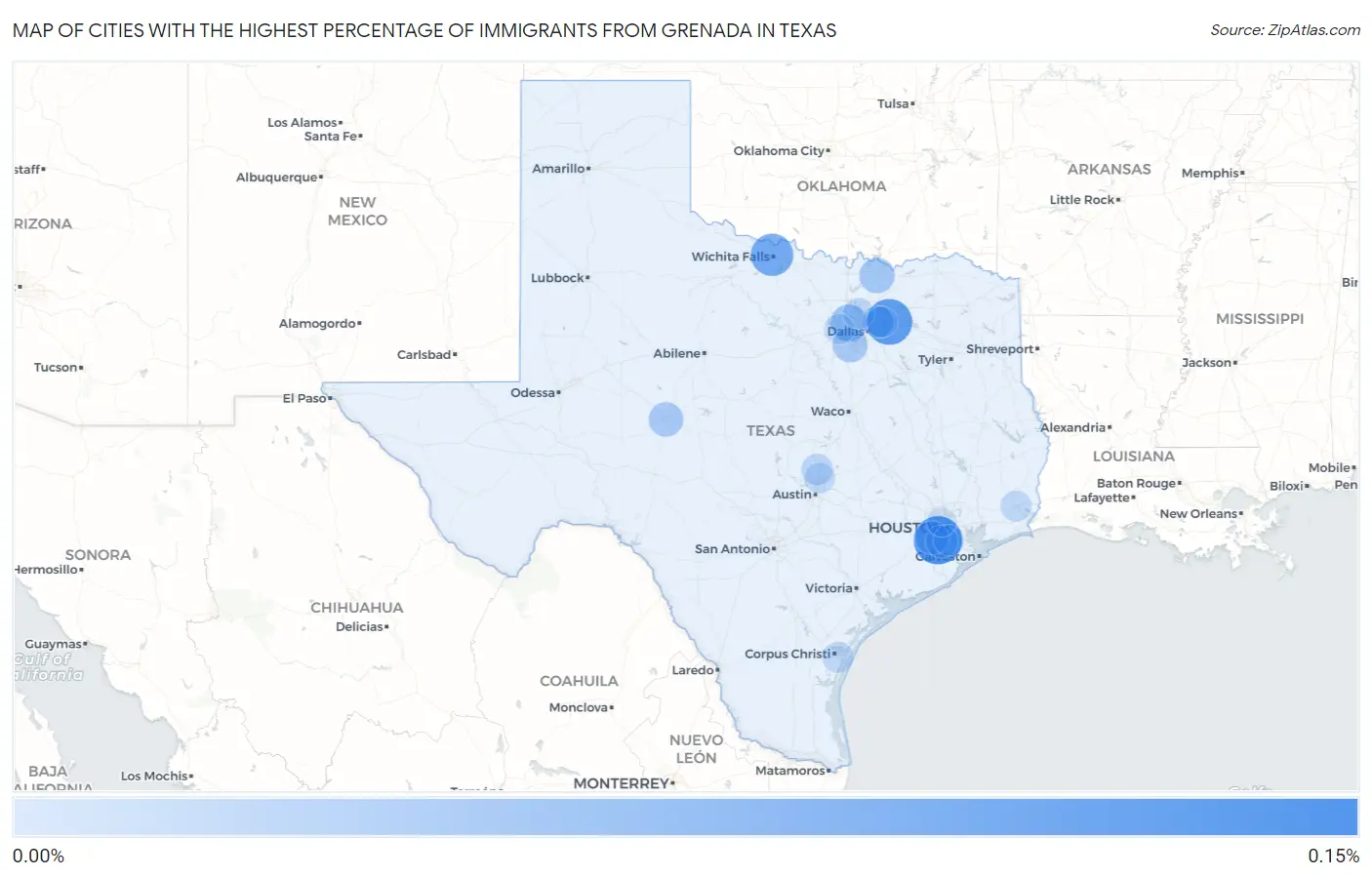 Cities with the Highest Percentage of Immigrants from Grenada in Texas Map