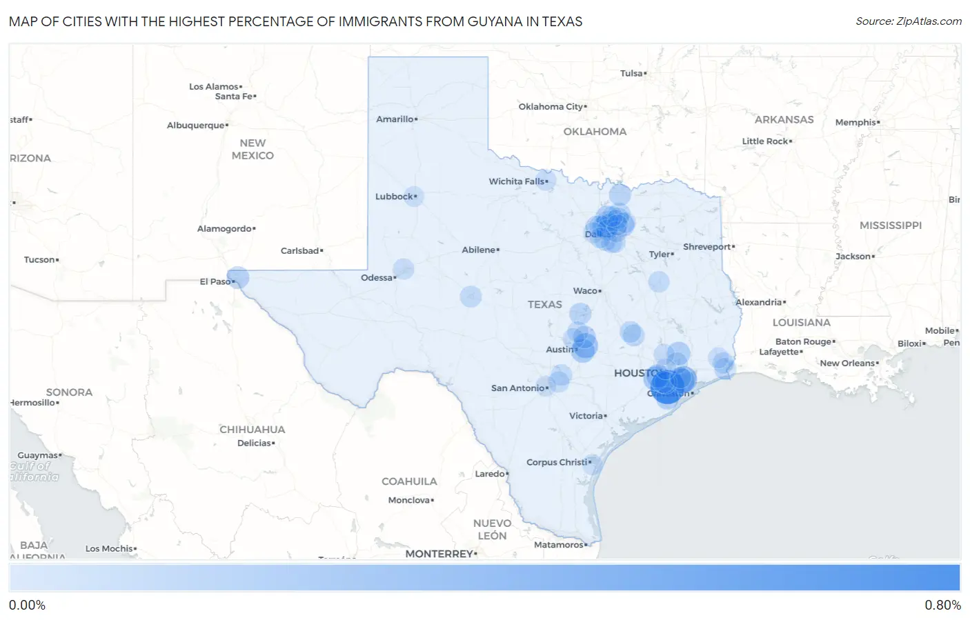 Cities with the Highest Percentage of Immigrants from Guyana in Texas Map