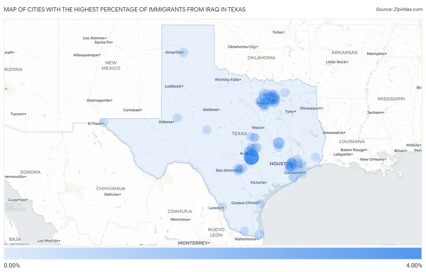 Cities with the Highest Percentage of Immigrants from Iraq in Texas Map