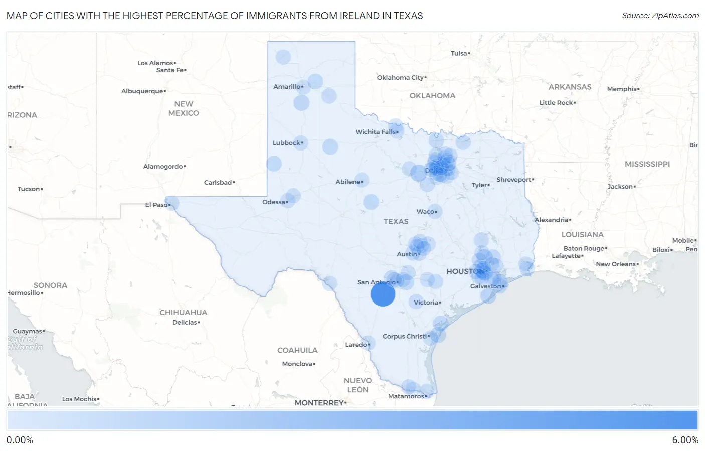 Cities with the Highest Percentage of Immigrants from Ireland in Texas Map