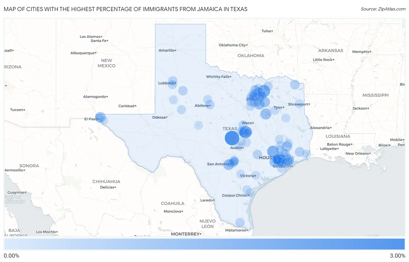 Cities with the Highest Percentage of Immigrants from Jamaica in Texas Map