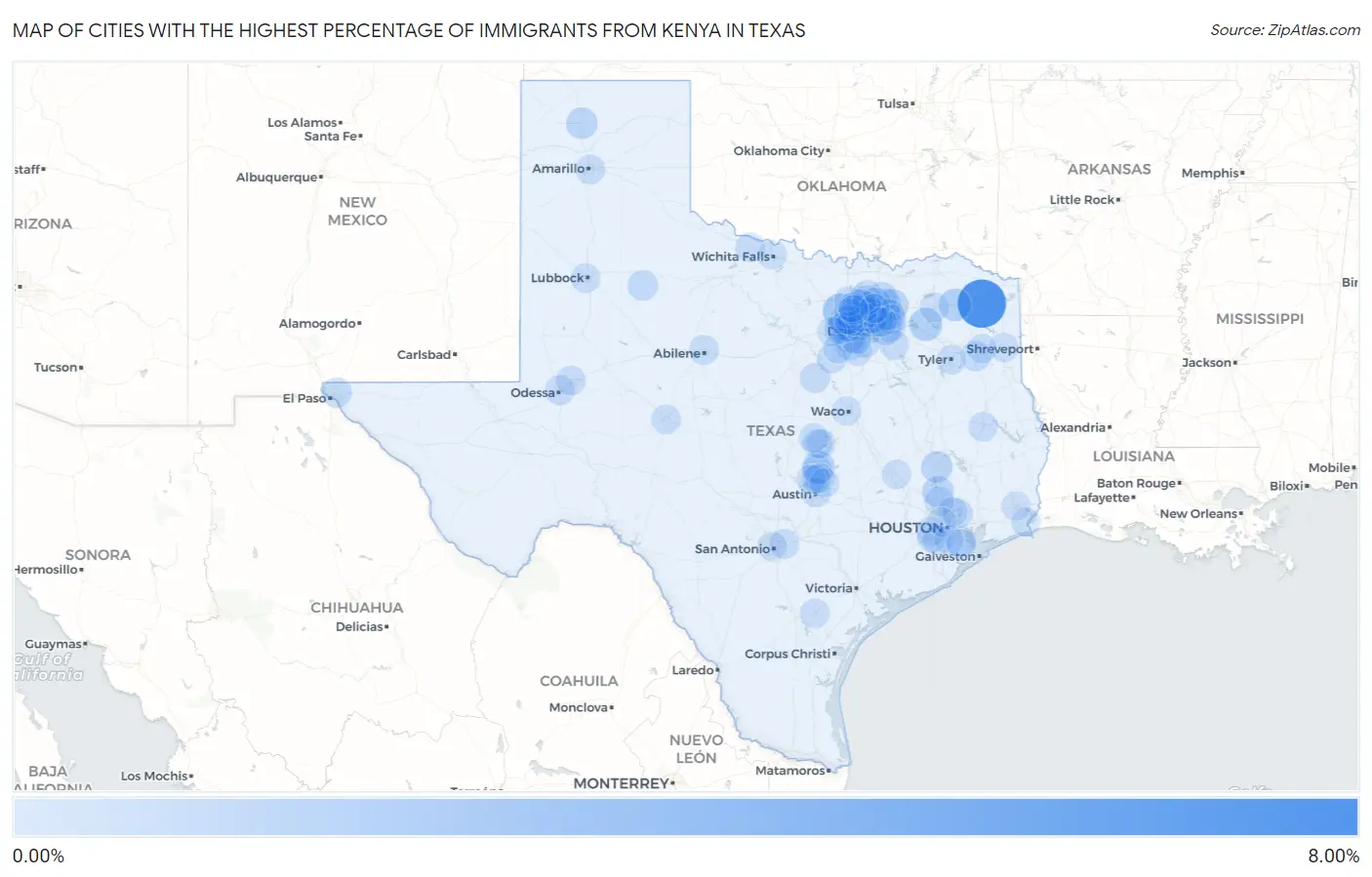 Cities with the Highest Percentage of Immigrants from Kenya in Texas Map