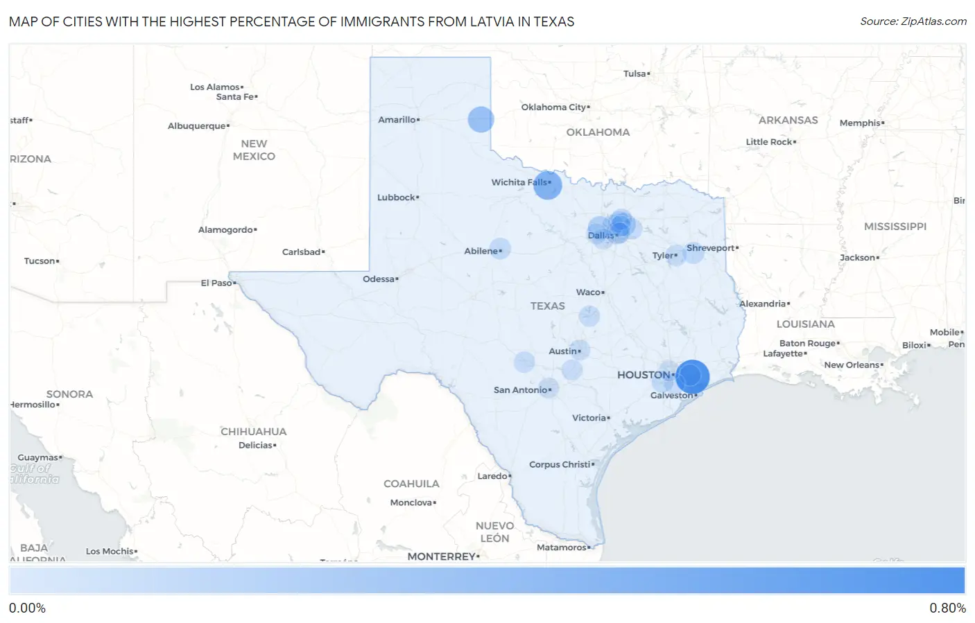 Cities with the Highest Percentage of Immigrants from Latvia in Texas Map