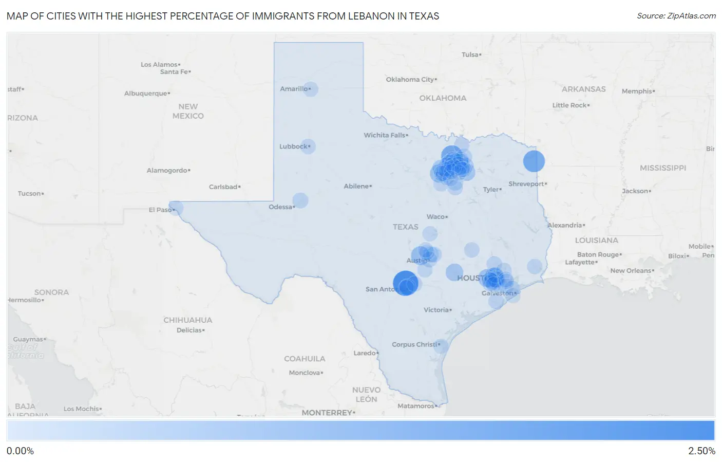Cities with the Highest Percentage of Immigrants from Lebanon in Texas Map