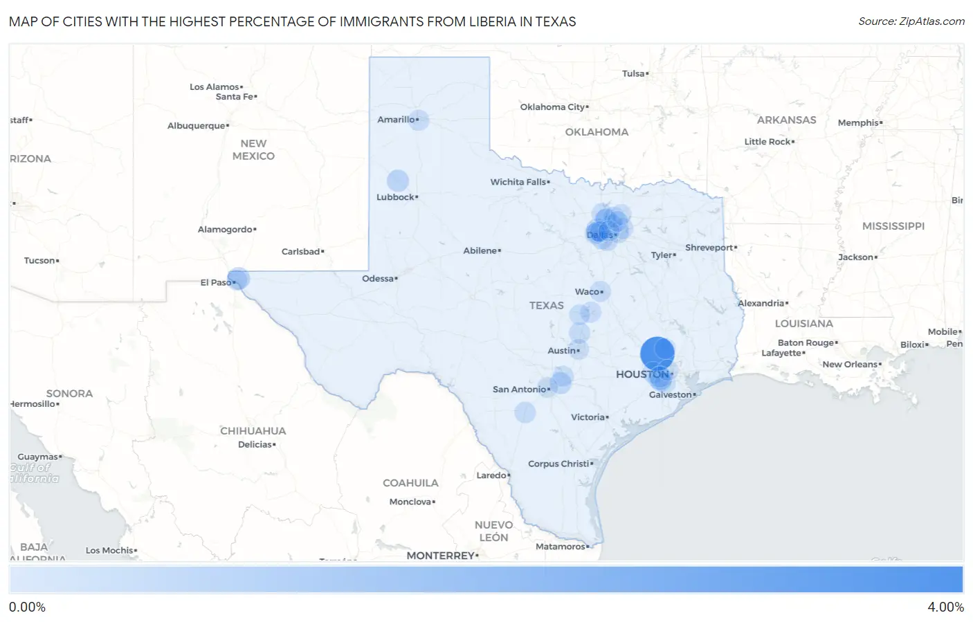 Cities with the Highest Percentage of Immigrants from Liberia in Texas Map