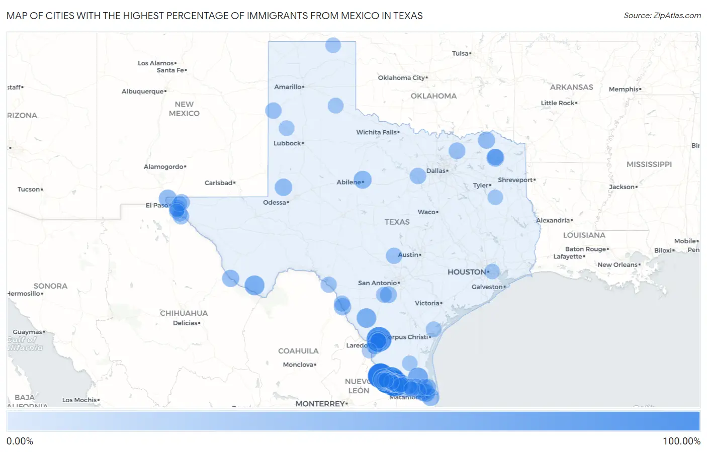 Cities with the Highest Percentage of Immigrants from Mexico in Texas Map