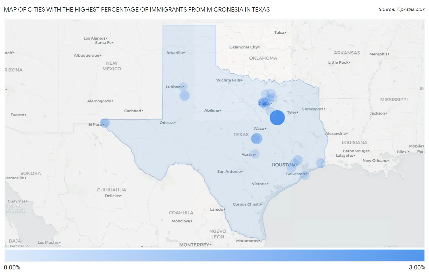 Cities with the Highest Percentage of Immigrants from Micronesia in Texas Map