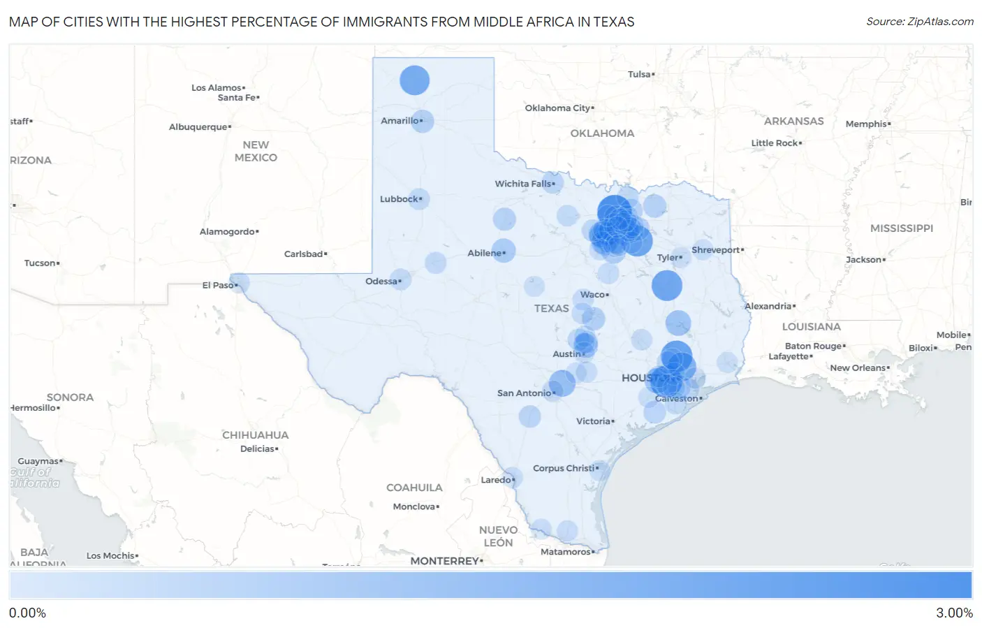 Cities with the Highest Percentage of Immigrants from Middle Africa in Texas Map