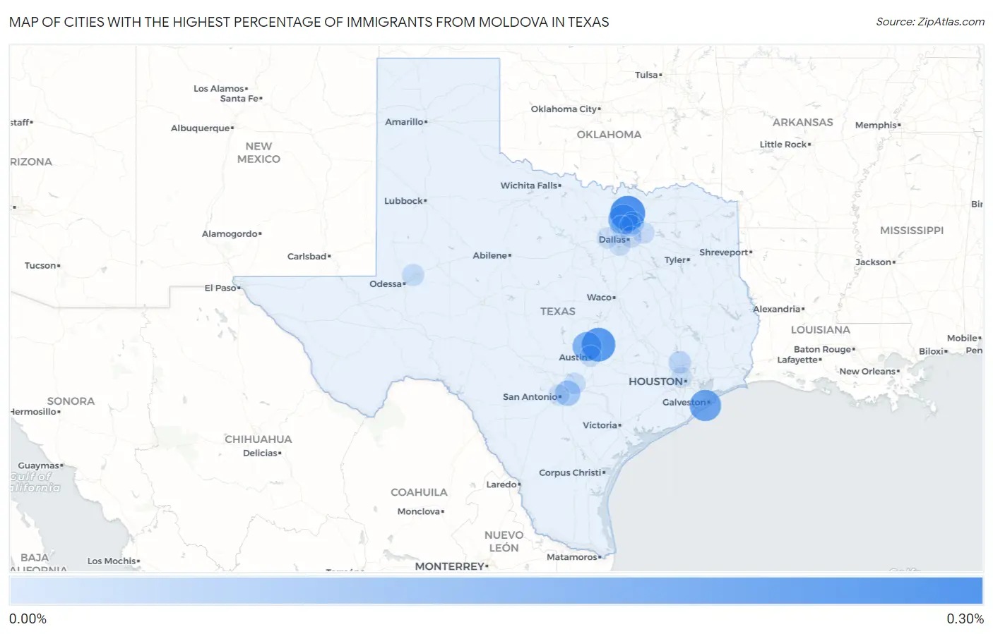 Cities with the Highest Percentage of Immigrants from Moldova in Texas Map