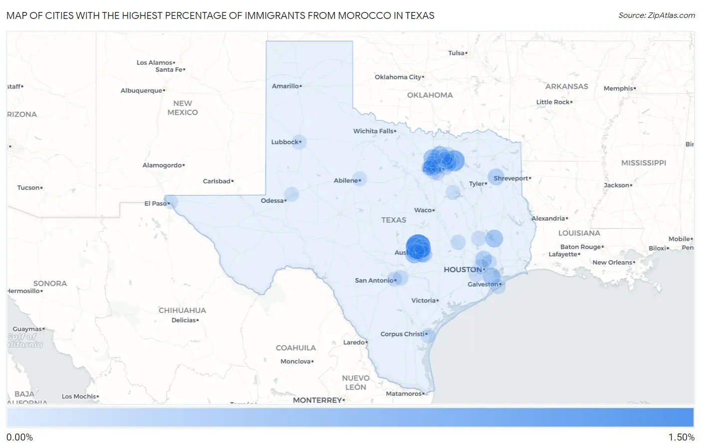 Cities with the Highest Percentage of Immigrants from Morocco in Texas Map