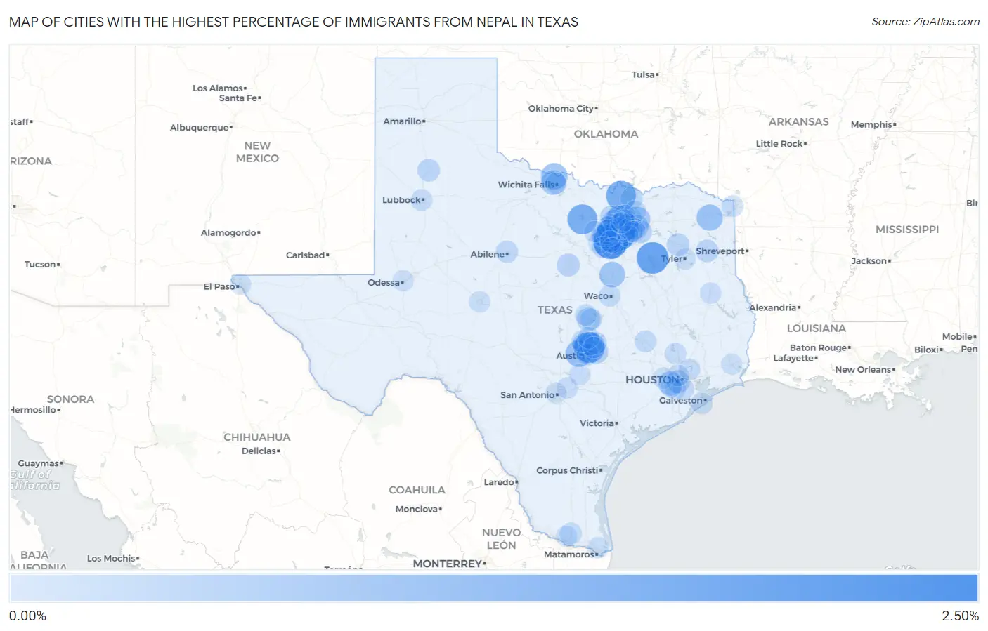 Cities with the Highest Percentage of Immigrants from Nepal in Texas Map