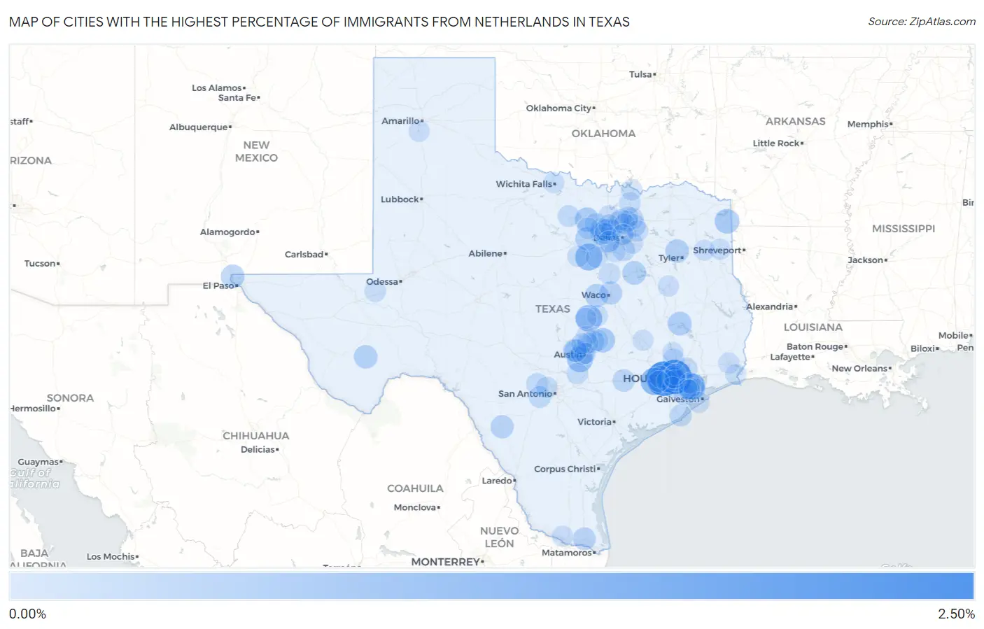 Cities with the Highest Percentage of Immigrants from Netherlands in Texas Map