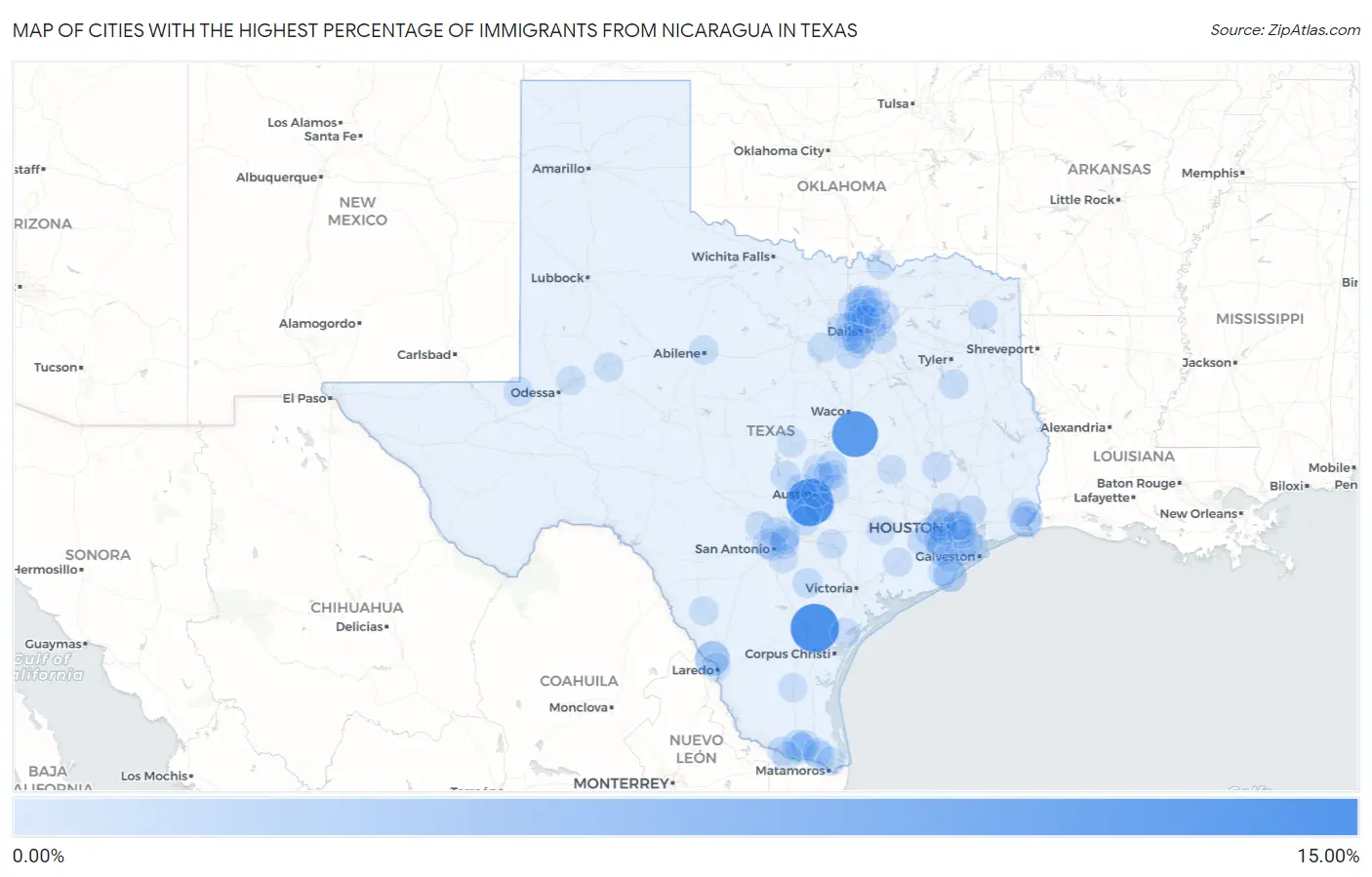 Cities with the Highest Percentage of Immigrants from Nicaragua in Texas Map