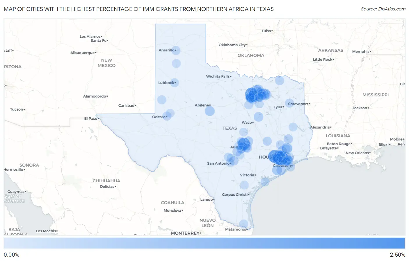 Cities with the Highest Percentage of Immigrants from Northern Africa in Texas Map