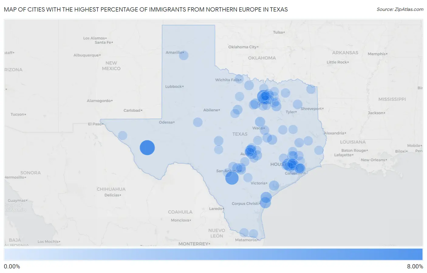 Cities with the Highest Percentage of Immigrants from Northern Europe in Texas Map