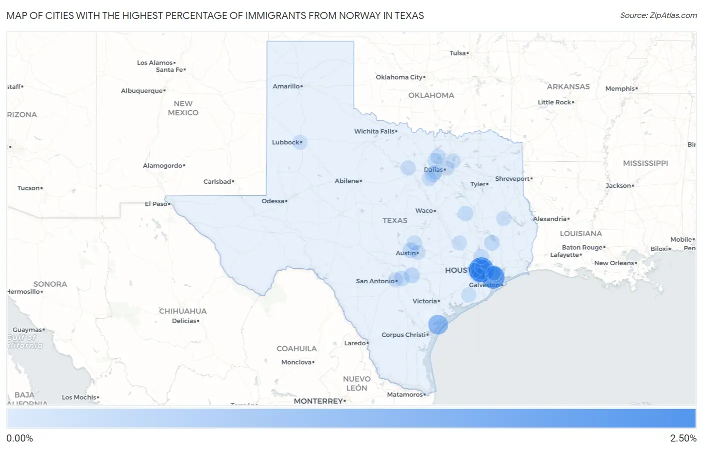 Cities with the Highest Percentage of Immigrants from Norway in Texas Map
