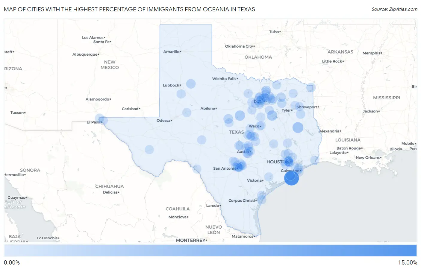 Cities with the Highest Percentage of Immigrants from Oceania in Texas Map