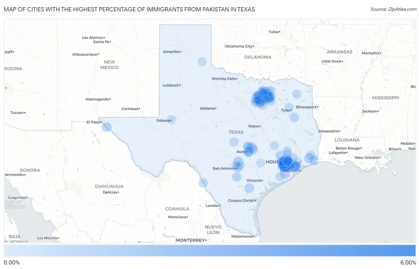 Cities with the Highest Percentage of Immigrants from Pakistan in Texas Map