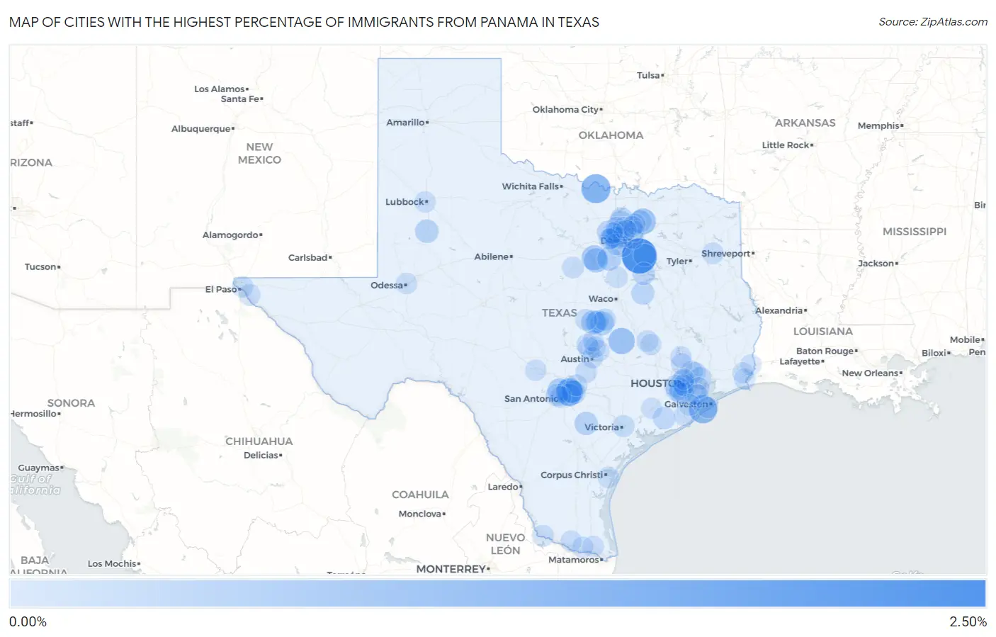 Cities with the Highest Percentage of Immigrants from Panama in Texas Map