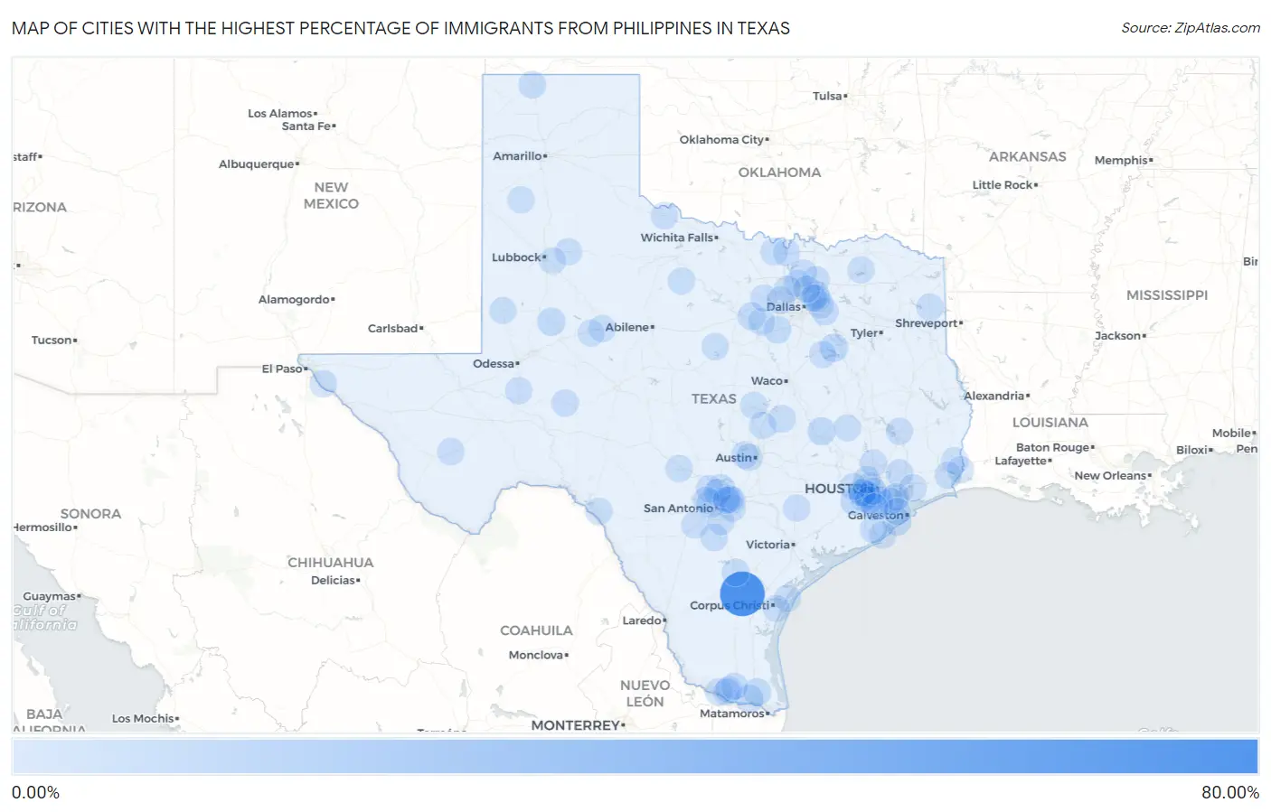 Cities with the Highest Percentage of Immigrants from Philippines in Texas Map