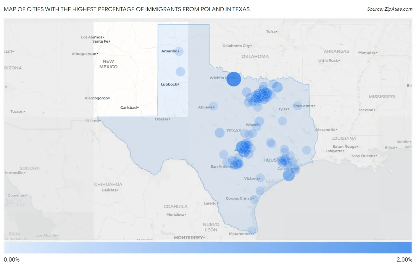 Cities with the Highest Percentage of Immigrants from Poland in Texas Map