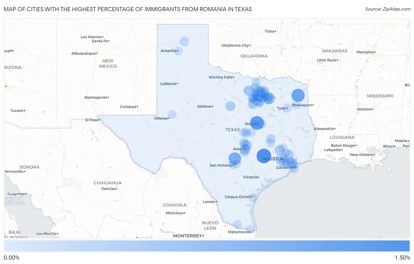 Cities with the Highest Percentage of Immigrants from Romania in Texas Map