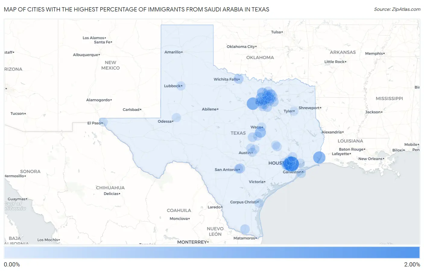 Cities with the Highest Percentage of Immigrants from Saudi Arabia in Texas Map