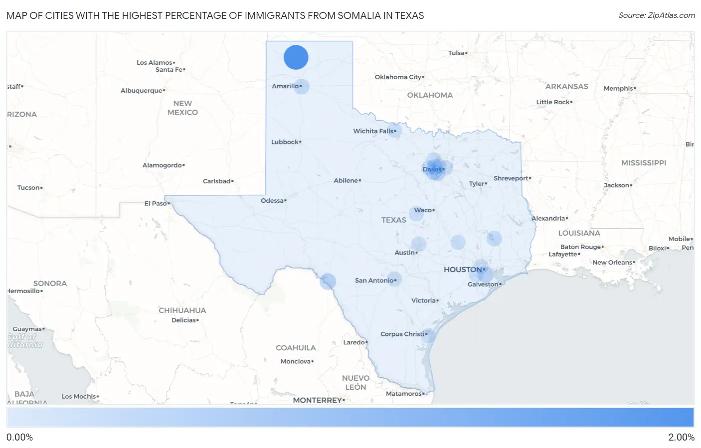 Cities with the Highest Percentage of Immigrants from Somalia in Texas Map