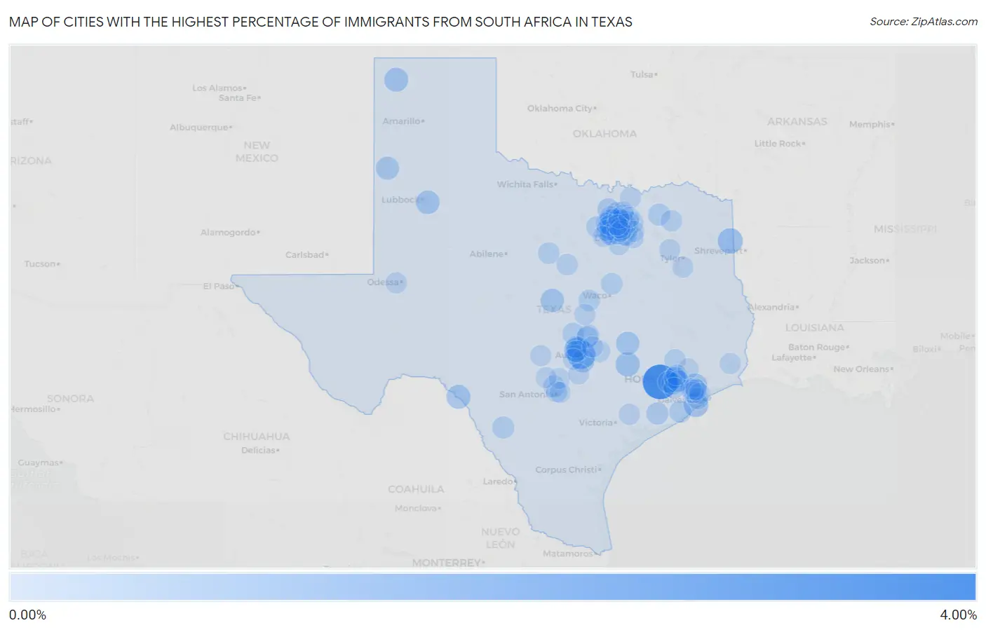 Cities with the Highest Percentage of Immigrants from South Africa in Texas Map