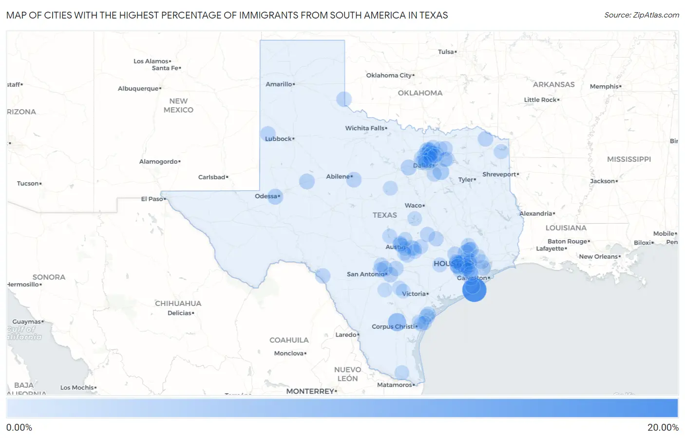 Cities with the Highest Percentage of Immigrants from South America in Texas Map