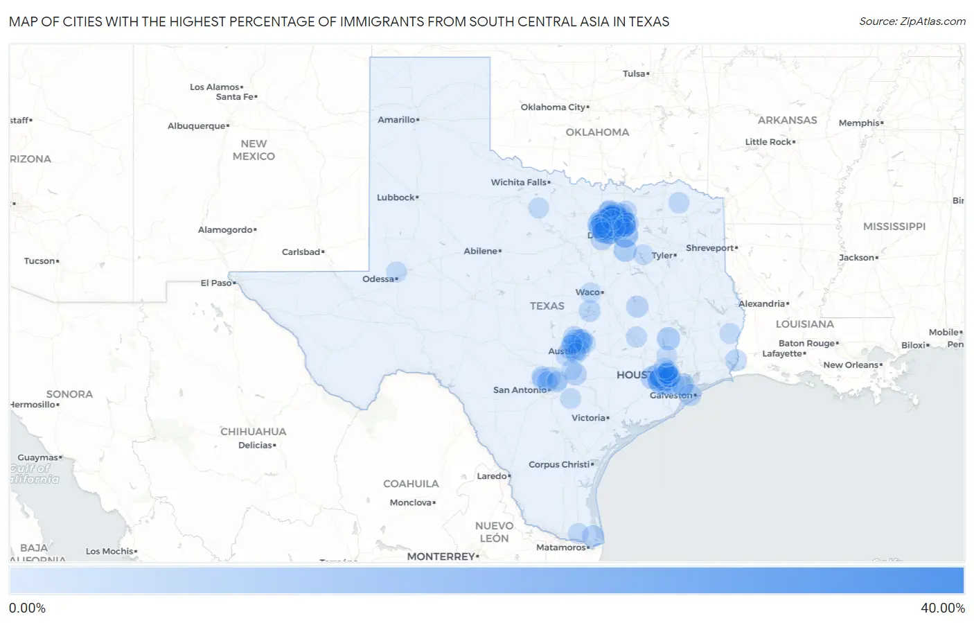 Cities with the Highest Percentage of Immigrants from South Central Asia in Texas Map