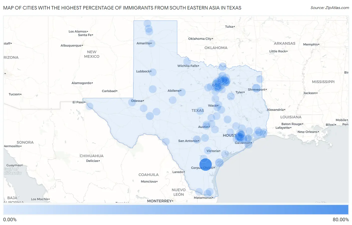 Cities with the Highest Percentage of Immigrants from South Eastern Asia in Texas Map