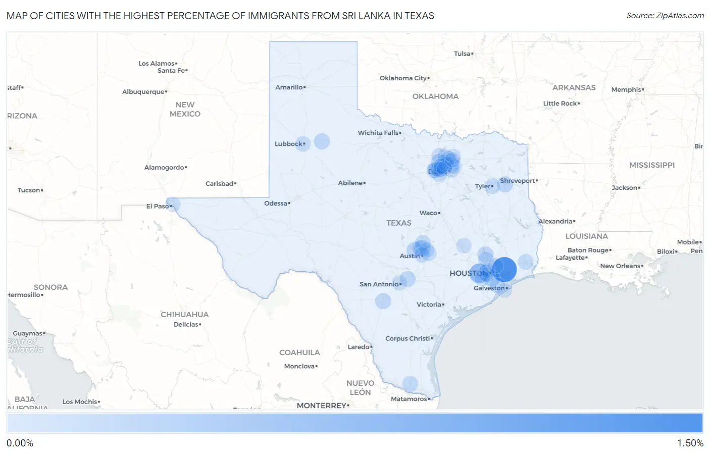 Cities with the Highest Percentage of Immigrants from Sri Lanka in Texas Map