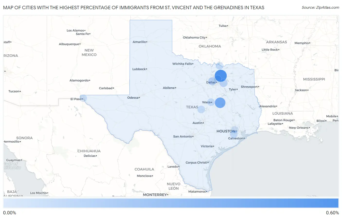 Cities with the Highest Percentage of Immigrants from St. Vincent and the Grenadines in Texas Map