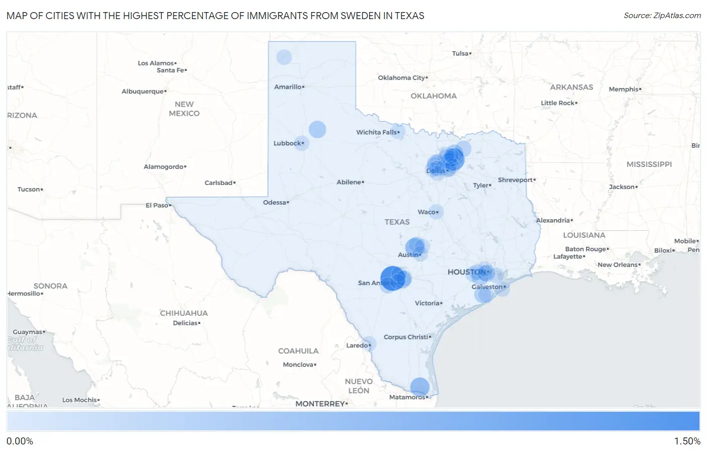 Cities with the Highest Percentage of Immigrants from Sweden in Texas Map