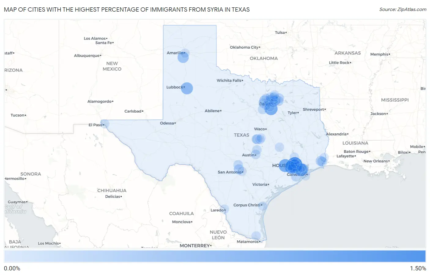 Cities with the Highest Percentage of Immigrants from Syria in Texas Map