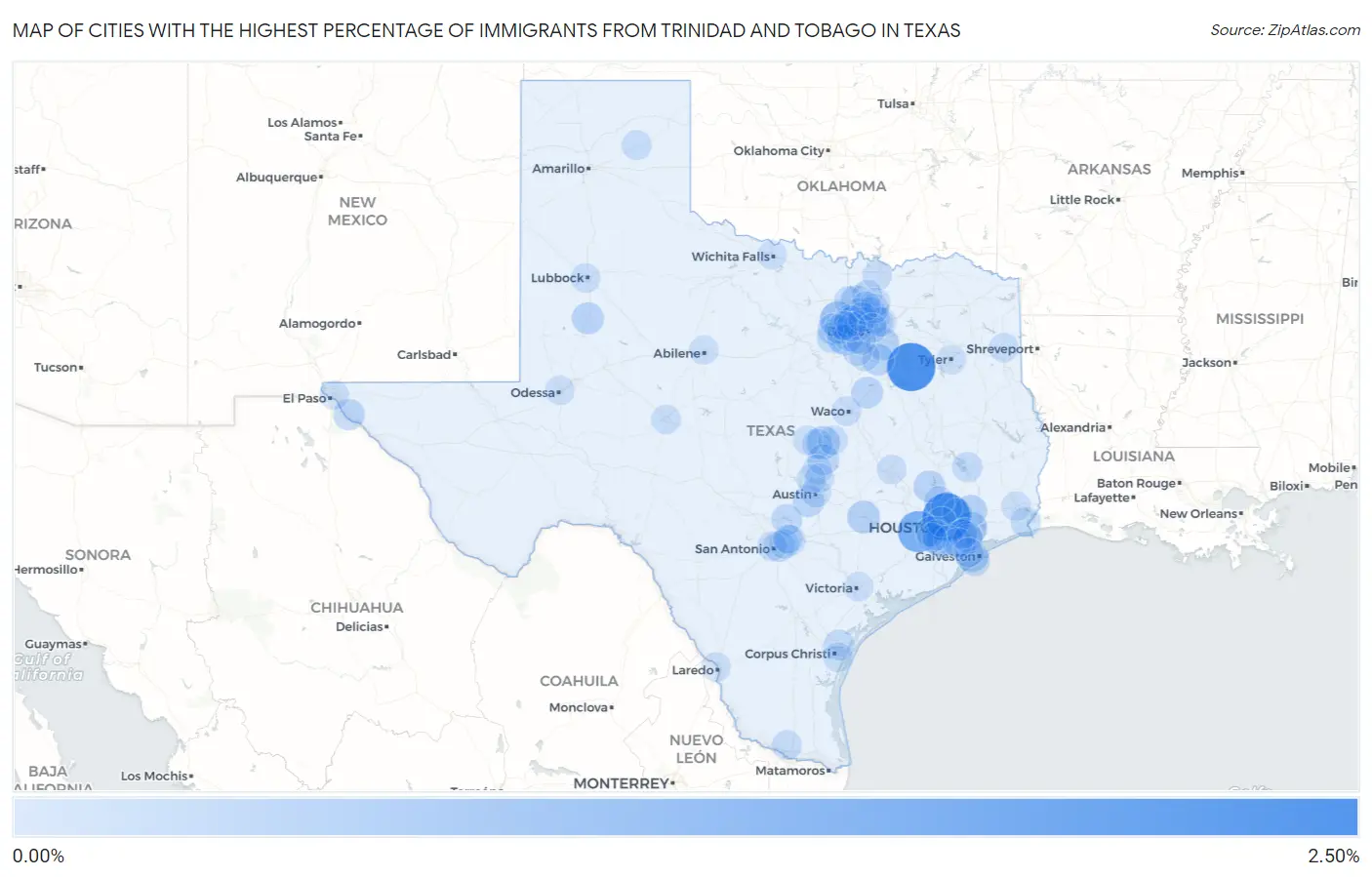 Cities with the Highest Percentage of Immigrants from Trinidad and Tobago in Texas Map