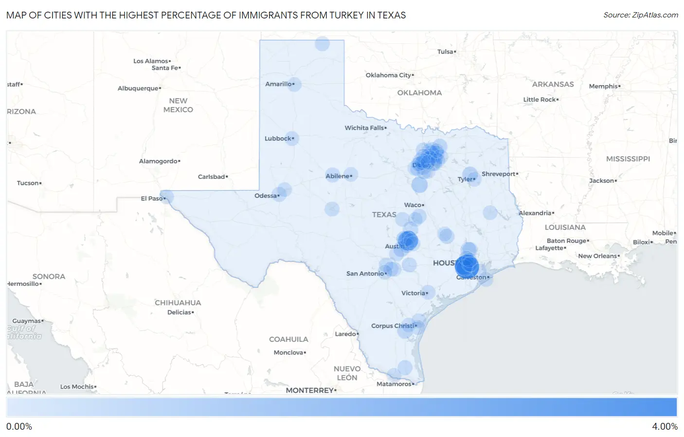 Cities with the Highest Percentage of Immigrants from Turkey in Texas Map