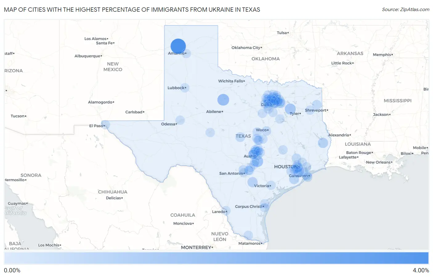 Cities with the Highest Percentage of Immigrants from Ukraine in Texas Map