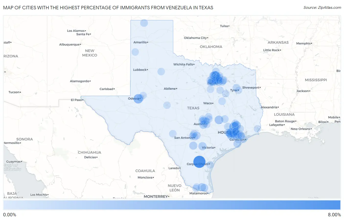 Cities with the Highest Percentage of Immigrants from Venezuela in Texas Map