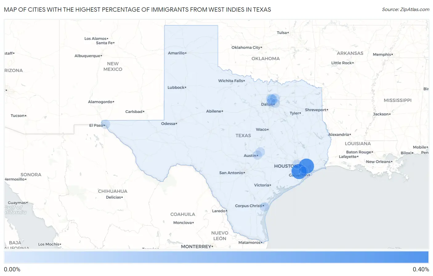 Cities with the Highest Percentage of Immigrants from West Indies in Texas Map