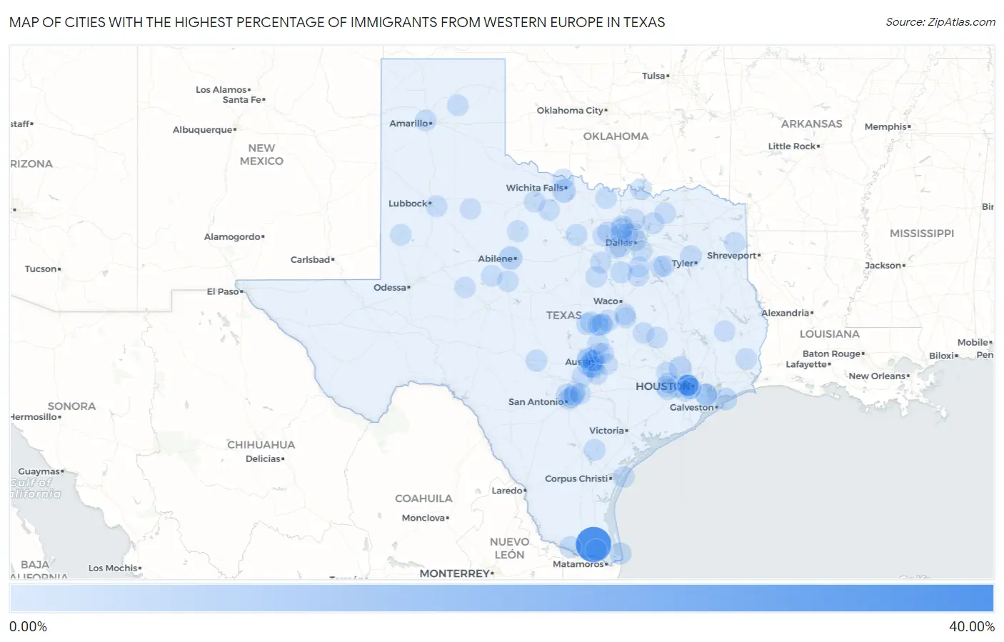 Cities with the Highest Percentage of Immigrants from Western Europe in Texas Map