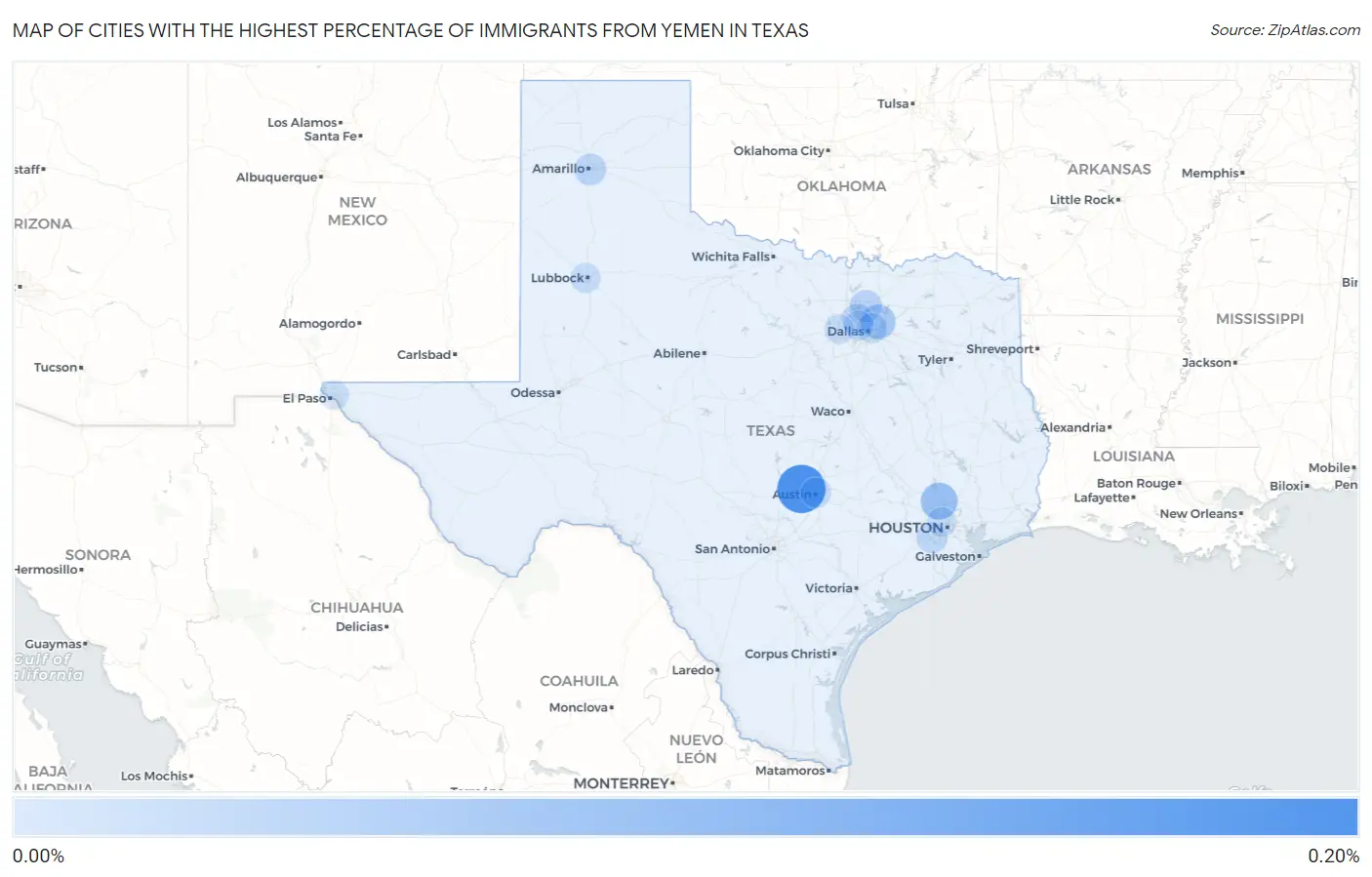 Cities with the Highest Percentage of Immigrants from Yemen in Texas Map