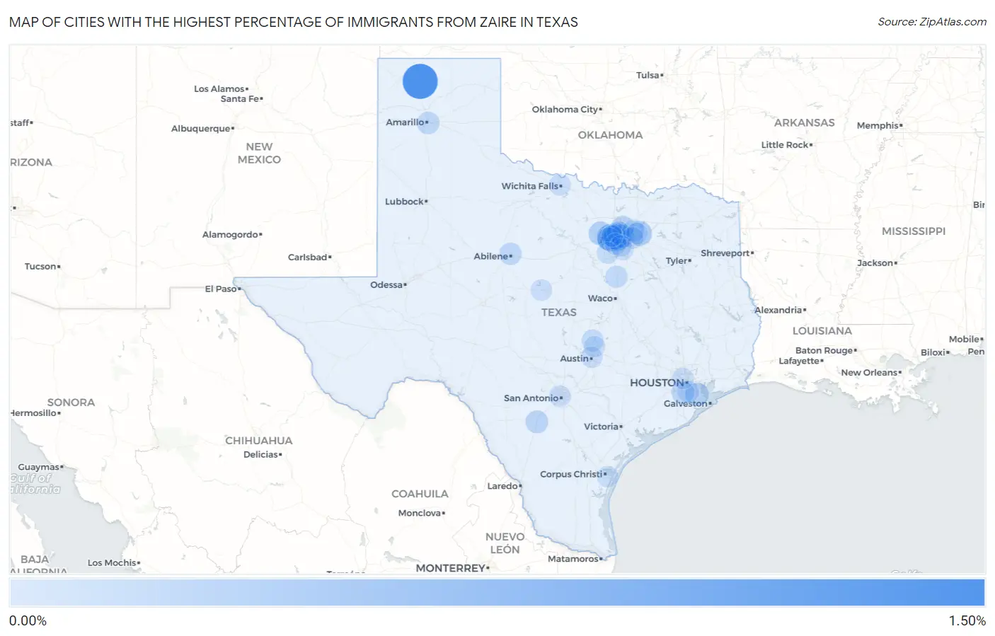 Cities with the Highest Percentage of Immigrants from Zaire in Texas Map