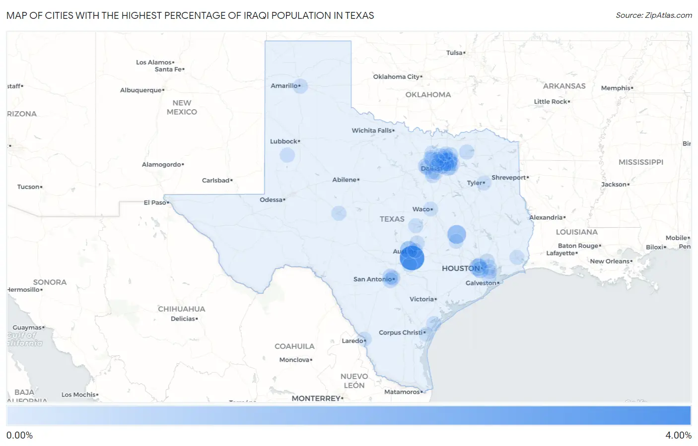 Cities with the Highest Percentage of Iraqi Population in Texas Map