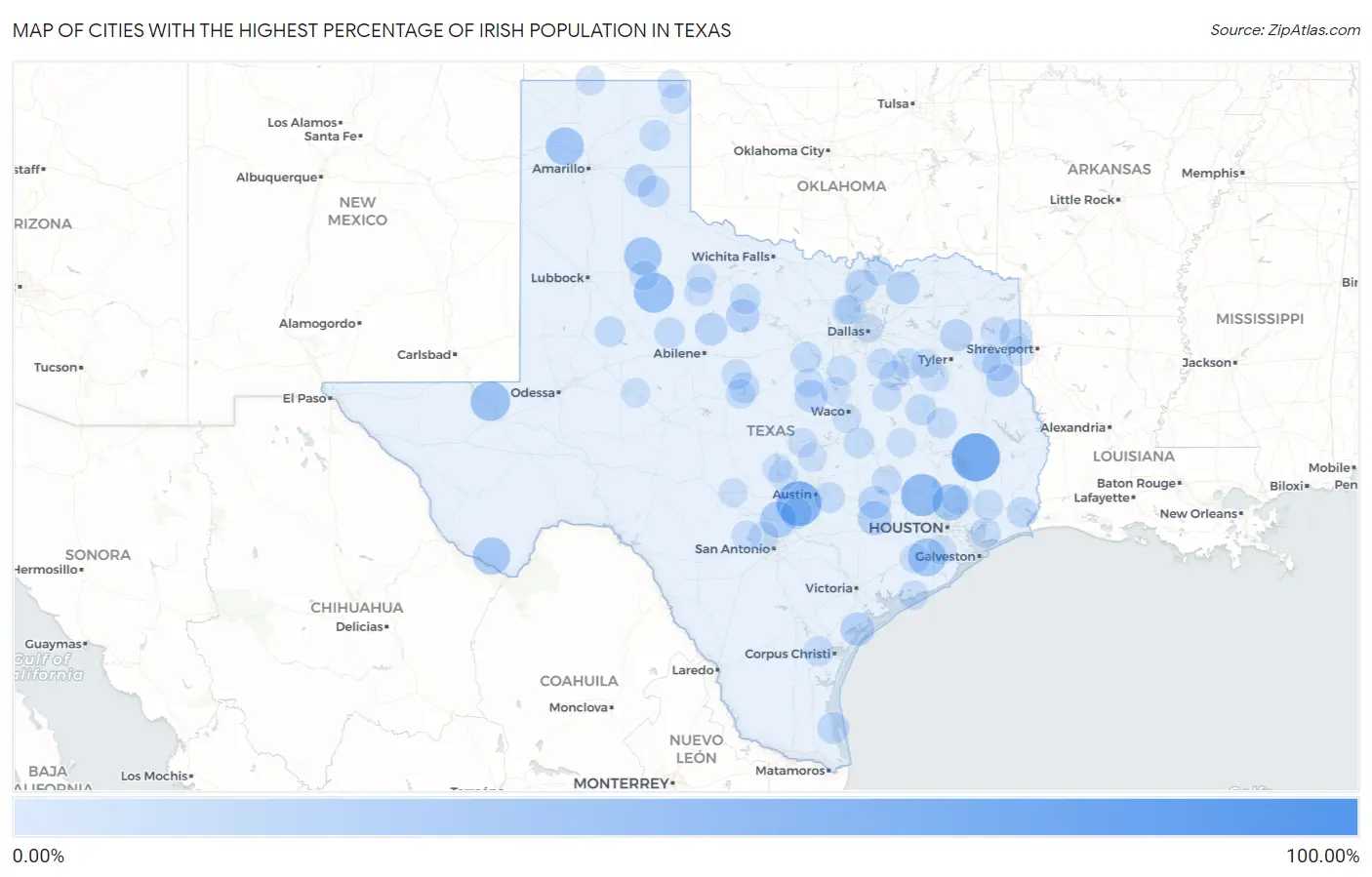 Cities with the Highest Percentage of Irish Population in Texas Map