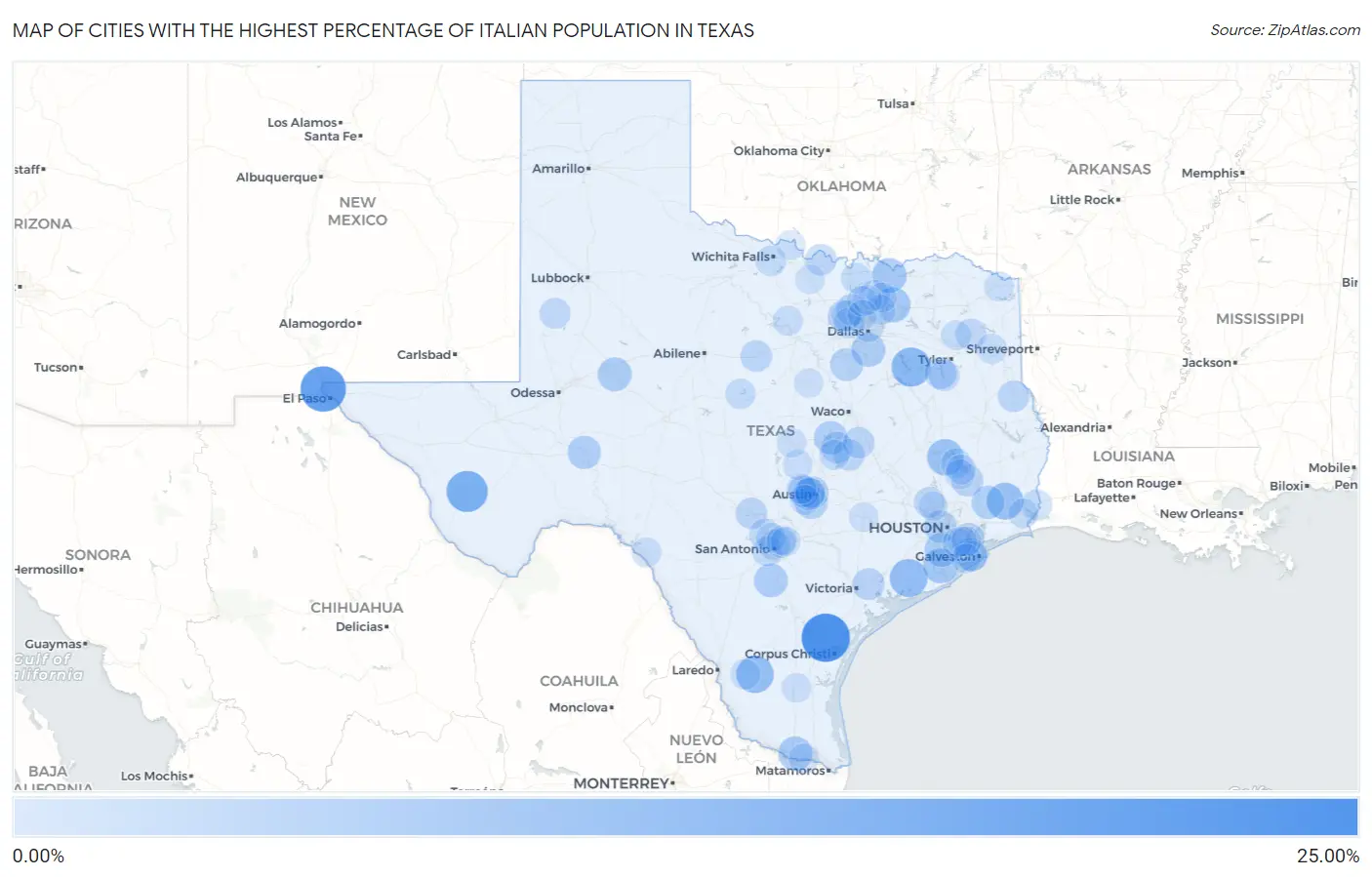 Cities with the Highest Percentage of Italian Population in Texas Map