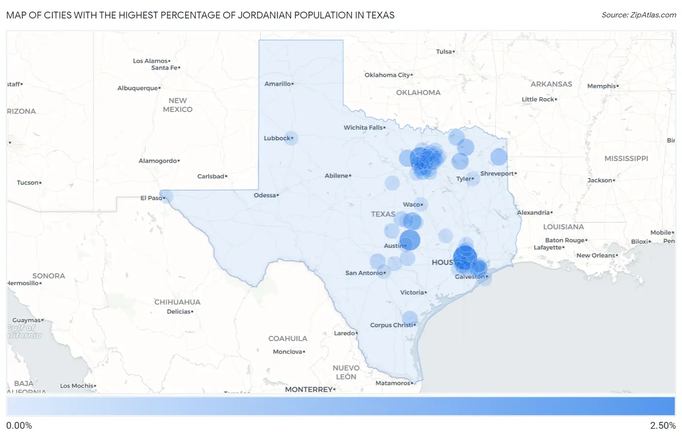 Cities with the Highest Percentage of Jordanian Population in Texas Map