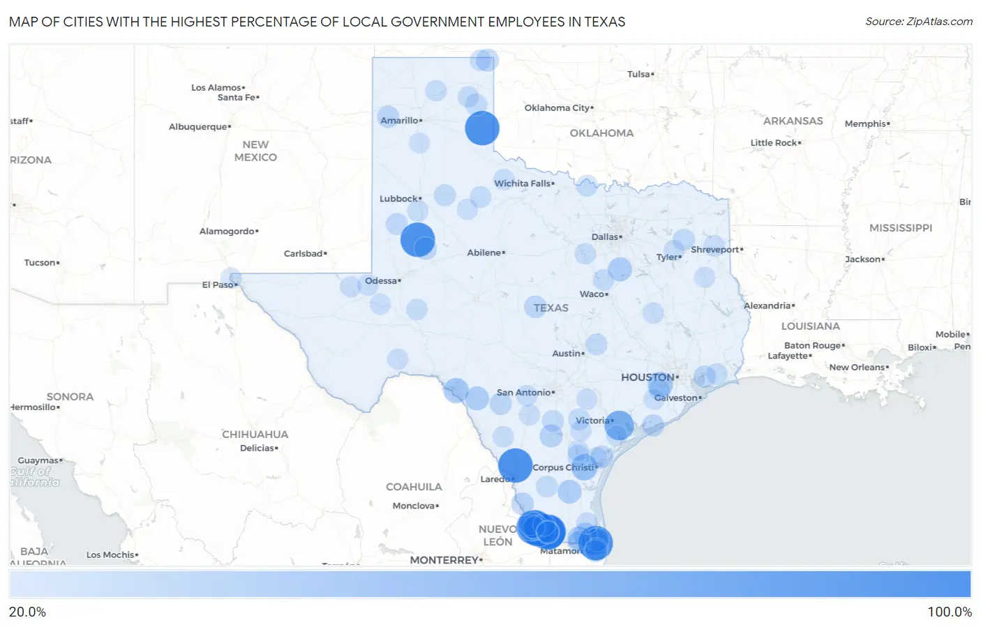 Cities with the Highest Percentage of Local Government Employees in Texas Map