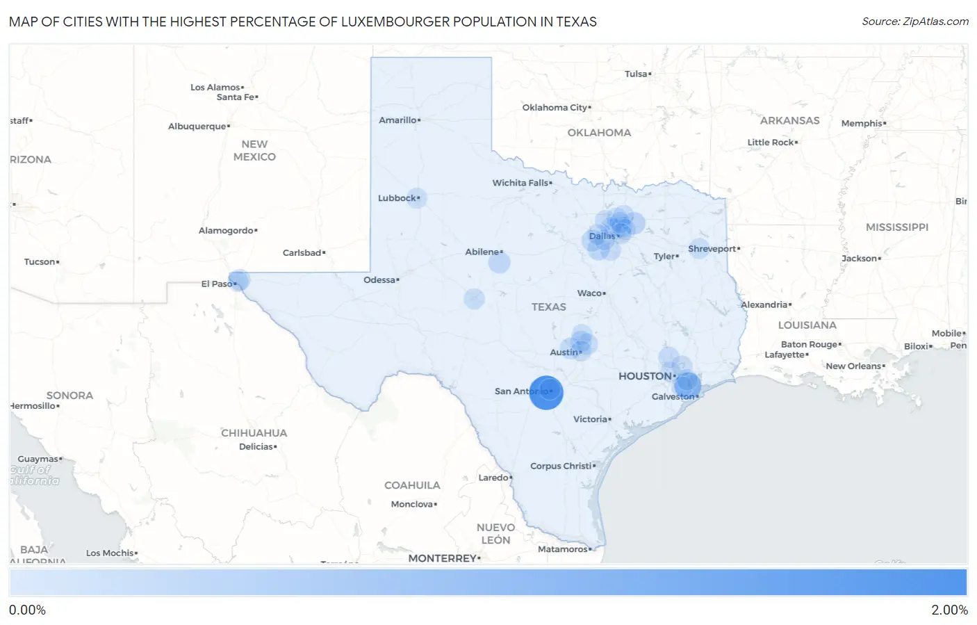 Cities with the Highest Percentage of Luxembourger Population in Texas Map